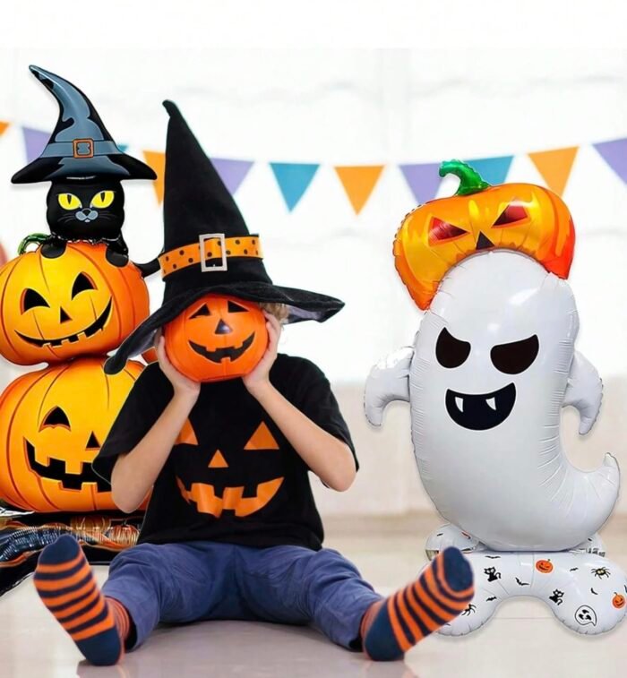 Halloween Pumpkin and Black Cat Balloon Decoration, Standing Jack-o'-Lantern Stack Design, Balloon Giant Ghost Pumpkin Skull Castle Standing Decor For Halloween Party Decoration - Image 4