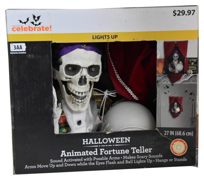 Animated Skeleton Fortune Teller Machine, Halloween Sound Light Horror Hanging Ornament, Purple, Red, Fabric, Plastic, Metal, Halloween Occasion - Image 2
