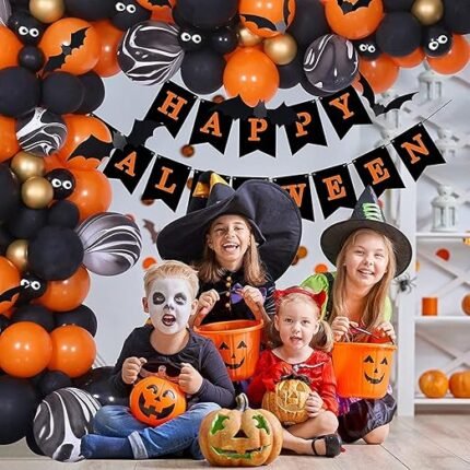 MPS My Party Suppliers 61pcs Halloween Balloon kit, Halloween Party Decorations Set with Halloween Banner Orange, Black and Gold Balloons, halloween Bats balloon Decoration, horror halloween theme