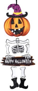 Set of 3 Happy Halloween Glitter Pumpkin, Witch and Skeleton Hanging,Halloween Ornament, Indoor Outdoor Haunted House Party Hanging Pendant, Halloween Decoration Trick or Treat Theme - Image 2