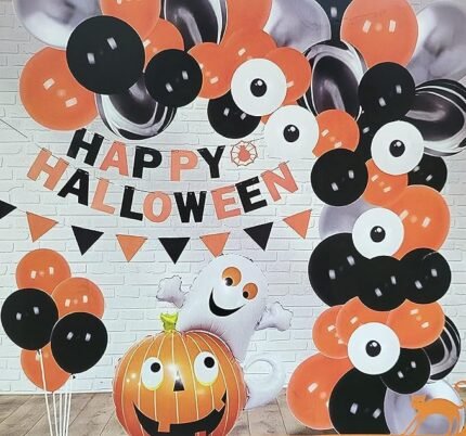 Halloween Party Decoration Set, Party Favor Supplies, with Latex Balloon, Black BOO Foil Balloons Ghost Banner Tassel Honeycomb, for Halloween Theme Party
