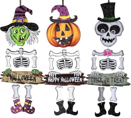 Set of 3 Happy Halloween Glitter Pumpkin, Witch and Skeleton Hanging,Halloween Ornament, Indoor Outdoor Haunted House Party Hanging Pendant, Halloween Decoration Trick or Treat Theme
