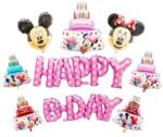 MPS MY PARTY SUPPLIERS®9Pcs Pink Mouse Theme Happy Birthday Pink Dotted, Cake with Candle Foil Balloons Birthday Party Celebration Happy Birthday for His/ Her Birthday Combo, Cartoon Face Foil Balloons