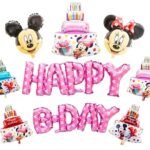 MPS MY PARTY SUPPLIERS®9Pcs Pink Mouse Theme Happy Birthday Pink Dotted, Cake with Candle Foil Balloons Birthday Party Celebration Happy Birthday for His/ Her Birthday Combo, Cartoon Face Foil Balloons