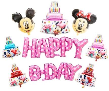MPS MY PARTY SUPPLIERS®9Pcs Pink Mouse Theme Happy Birthday Pink Dotted, Cake with Candle Foil Balloons Birthday Party Celebration Happy Birthday for His/ Her Birthday Combo, Cartoon Face Foil Balloons