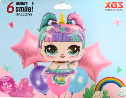 MPS MY PARTY SUPPLIERSĀ® Set of 6 lol surprise doll foil balloons for decoration, cartoon princess doll theme foil balloons, lol doll balloon garland, doll Balloons for Girls Party, pink star balloons