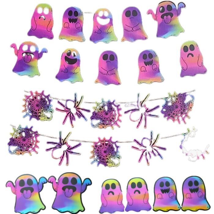 MPS My Party Suppliers 1pc Happy Halloween Holographic Ghost Banner, Halloween Ghost Garland, Banner Decoration for Halloween, Halloween Paper Hanging, Halloween Hanging Decoration, Halloween Banner - Image 1