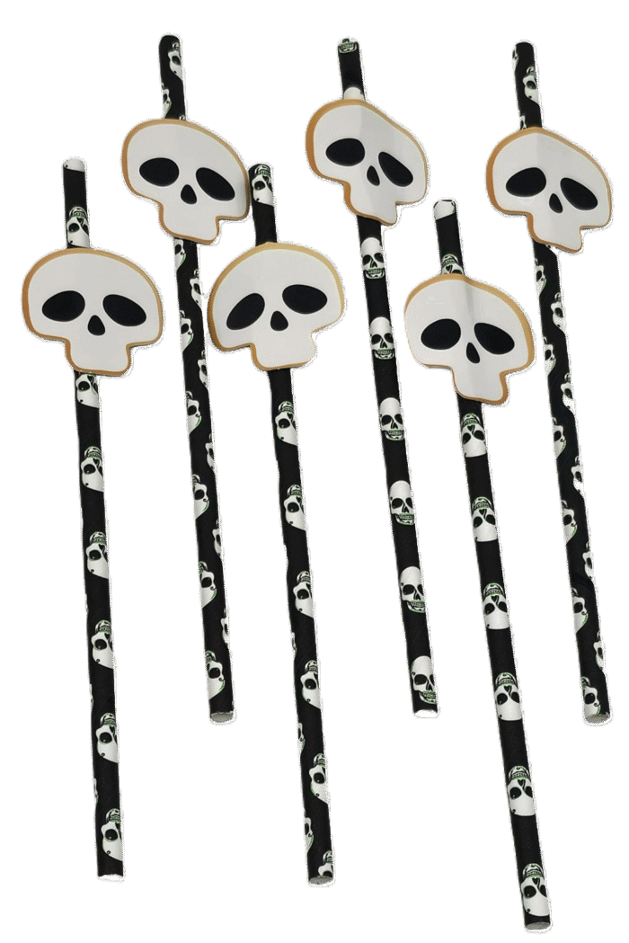 MPS My Party Suppliers Party Paper Straws for Halloween Theme Party, Halloween Pumpkin Accessory, Pumpkin Ghost Skull Paper Straws, Home and Kitchen Item (Black White Skull Head Straw) - Image 1
