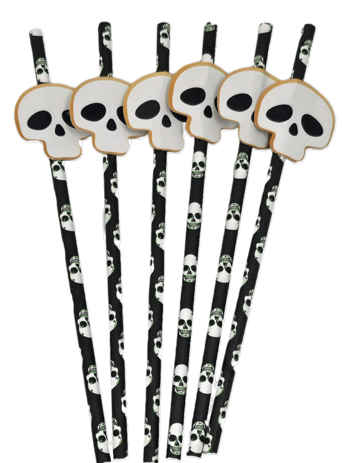 MPS My Party Suppliers Party Paper Straws for Halloween Theme Party, Halloween Pumpkin Accessory, Pumpkin Ghost Skull Paper Straws, Home and Kitchen Item (Black White Skull Head Straw) - Image 2