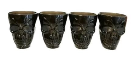 MPS MY PARTY SUPPLIERS Set of 4 Halloween Party Glass, Shot Glasses for Halloween, Unbreakable Skull Shaped Cups, Skeleton Decor, Skull Shot Cups, Halloween Faces Cups (Black Skull Glass)