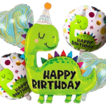 MPS MY PARTY SUPPLIERS® Set of 5 Dinosaur with hat foil balloons and marble print heart balloons for dinosaur theme birthday decoration for kids boys girls, Animal balloons, Dinosaur Balloon