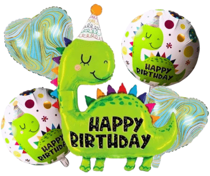 MPS MY PARTY SUPPLIERSĀ® Set of 5 Dinosaur with hat foil balloons and marble print heart balloons for dinosaur theme birthday decoration for kids boys girls, Animal balloons, Dinosaur Balloon