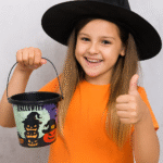 Halloween RIP Candy Baskets for Kids, Trick Or Treat Halloween Candy Bowl with Skeleton Party Decoration, Halloween Decoration Prop, Pumpkin Candy Basket (Black)