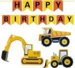 MPS MY PARTY SUPPLIERS® 1pc Construction theme red and yellow color happy birthday banner with excavator cut outs, kids birthday decor ideas at home (yellow-red) - Image 3