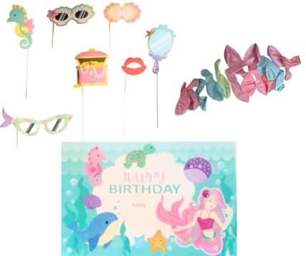 MPS My Party Suppliers 31pcs Mermaid theme Birthday kit, latex Balloons. Mermaid birthday poster. mermaid photo booth props. Under the Sea/Marine, Princess balloon Theme Decorations.