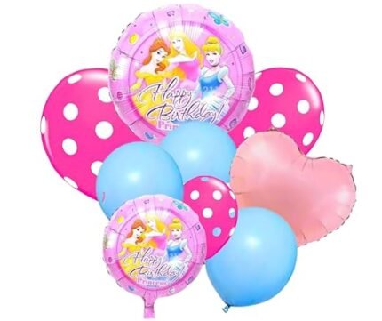 MPS MY PARTY SUPPLIERS® Set of 9 Princess foil Balloons, Princess themed party supplies, Blue latex balloons, pink polka dot balloons, Princess theme decoration backdrop, heart balloon (pink)