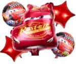MPS MY PARTY SUPPLIERS® Set of 5 Cartoon Race Car Lightning McQueen Foil Balloons for kids Birthday Decoration Red Star Balloons Vehicle Transport Truck theme