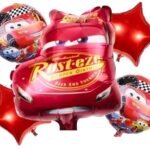 MPS MY PARTY SUPPLIERS® Set of 5 Cartoon Race Car Lightning McQueen Foil Balloons for kids Birthday Decoration Red Star Balloons Vehicle Transport Truck theme