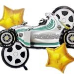 MPS MY PARTY SUPPLIERS® Set of 5 Racing car Foil Balloons, golden star balloons, Monster Cars, vehicle transport truck theme, Cartoon Racing Car balloons for kids, race car wheels balloon