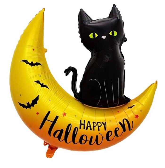 MPS My Party Suppliers 1pc Halloween Moon with Cat Foil Balloon 75 * 78cm, Halloween Balloons, Halloween Cat and Moon Foil Balloon, Black sitting on half moon, Horror night theme - Image 1