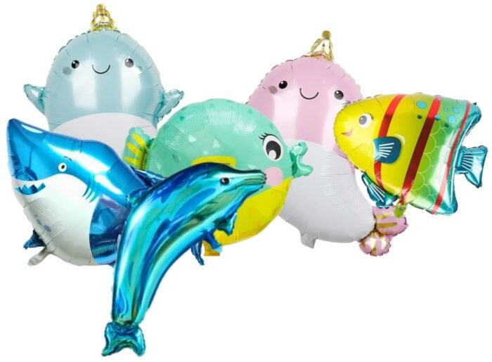 MPS MY PARTY SUPPLIERS® Set of 6 Marine Theme Sea Animals Dolphins shark Whale puffer Fish Foil Balloons, water/Ocean Animal Décor, Under The Sea Balloons, Sea Animal Party Supplies, Mermaid theme - Image 1