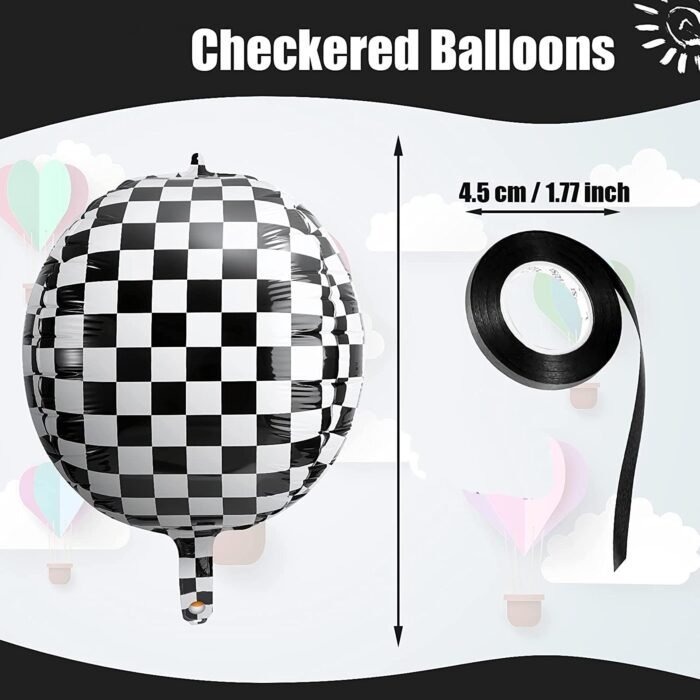 Black and White Checkered Balloons, Checkered Race Car Balloons | 360 Degree 4D Round Sphere Foil Checkered Flag Balloons | Race Car Balloons for Racing Theme Birthday Party - Image 4