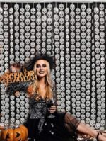 Halloween Party Decorations 3.3 x 6.6 FT Tinsel Foil Fringe Curtains,Black Skull Backdrop Decoration,Black Horror Party Streamers for Halloween Party Photo Booth Props Door Decorations - Image 2