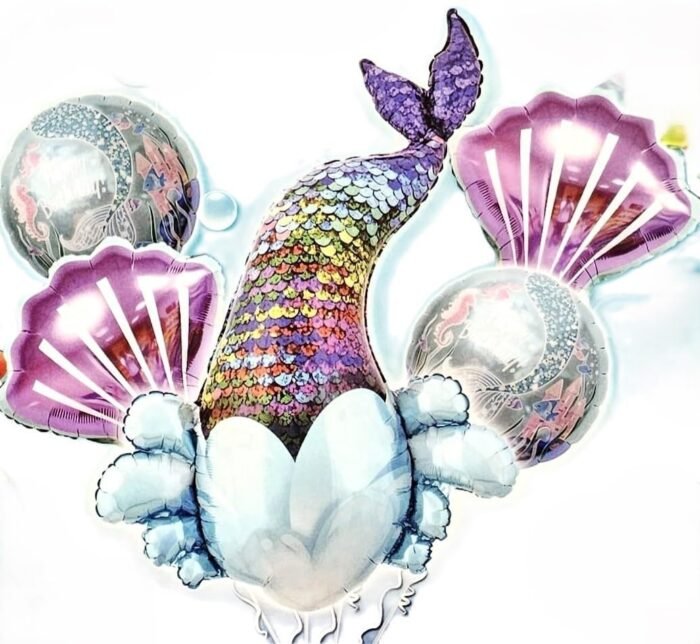 61Wm+VI37tL._SL1035_ MPS MY PARTY SUPPLIERS® Set of 5 Mermaid Tail Foil Balloons. Mermaid balloon, Sea shell Balloons. Round shape printed balloon. Under the Sea theme, mermaid Theme, mermaid balloon decoration ideas - Image 1