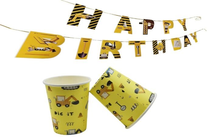 Construction Theme Party Decorations for Kids, Construction Dump Truck Excavator Crane Forklift Bulldozer Set of 5 Balloons ,Banner and Paper Plates and Glass Birthday Cap for Party Supplies - Image 4
