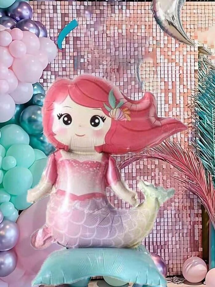 1pc Pink Mermaid Aluminum Foil Balloon Standing 3d Balloon Inflatable With Air For Children's Birthday Party Decoration For Girls - Image 2