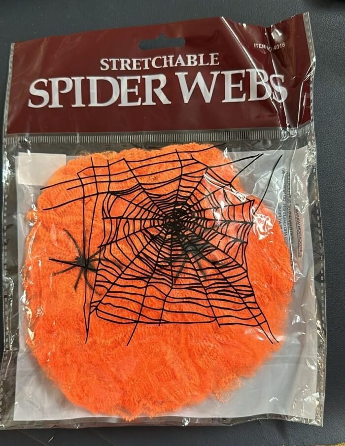 MY PARTY SUPPLIERS Spider Webs Halloween Decorations with 2 Fake Spiders, Super Stretchy Spider Web for Halloween Decor, Cobwebs Halloween Decorations Orange Spider Web - Image 2