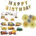 Construction Theme Party Decorations for Kids, Construction Theme Set of 5 Balloons , 30Pcs Hanging Swirl , Paper Banner, Set of 6 Fan - Image 6