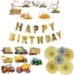 Construction Theme Party Decorations for Kids, Construction Theme Set of 5 Balloons , 30Pcs Hanging Swirl , Paper Banner, Set of 6 Fan
