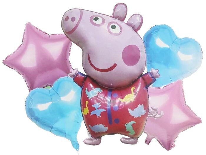 Peppa Pig Theme Foil Balloon for Birthday Decoration, Pig Theme Party Decoration, Peppa Pig balloons with star and heart balloons, Peppa Pig Balloons - Image 1