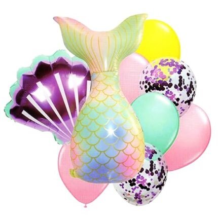 9 pcs Set Mermaid with Shell and Confetti Birthday Balloons Party Supplies Enchanted Mermaid Party Balloons Mermaid Tail Foil Balloon, Mermaid Theme Balloon - Multicolor