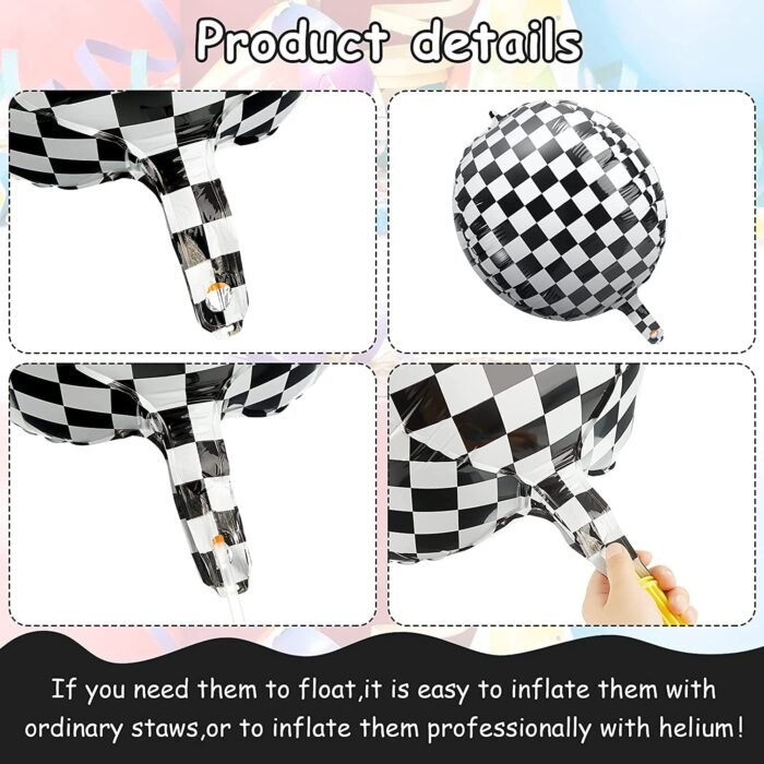Black and White Checkered Balloons, Checkered Race Car Balloons | 360 Degree 4D Round Sphere Foil Checkered Flag Balloons | Race Car Balloons for Racing Theme Birthday Party - Image 3