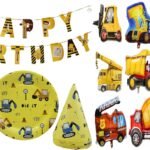 Construction Theme Party Decorations for Kids, Construction Dump Truck Excavator Crane Forklift Bulldozer Set of 5 Balloons ,Banner and Paper Plates and Glass Birthday Cap for Party Supplies