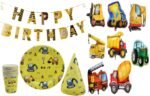 Construction Theme Party Decorations for Kids, Construction Dump Truck Excavator Crane Forklift Bulldozer Set of 5 Balloons ,Banner and Paper Plates and Glass Birthday Cap for Party Supplies
