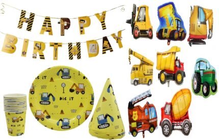 Construction Theme Party Decorations for Kids, Construction Dump Truck Excavator Crane Forklift Bulldozer Set of 5 Balloons ,Banner and Paper Plates and Glass Birthday Cap for Party Supplies