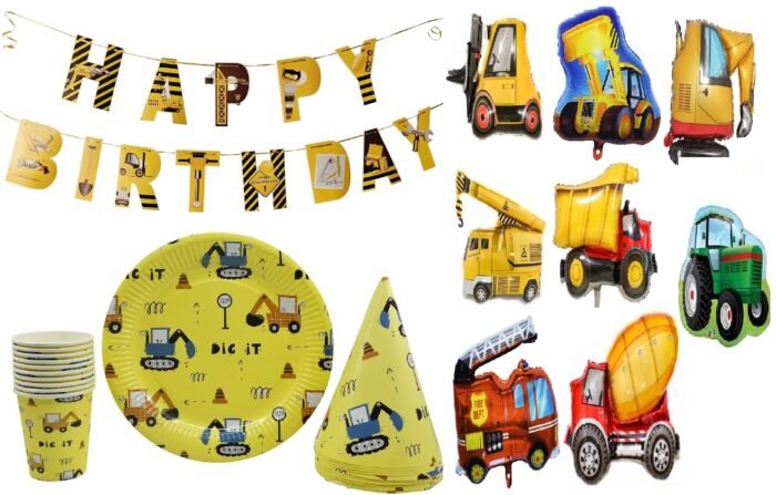 71jqhDYk3fL._SL1485_ Construction Theme Party Decorations for Kids, Construction Dump Truck Excavator Crane Forklift Bulldozer Set of 5 Balloons ,Banner and Paper Plates and Glass Birthday Cap for Party Supplies - Image 1