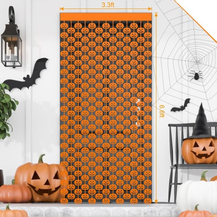 Halloween Party Decorations 3.3 x 6.6 FT Tinsel Foil Fringe Curtains,Orange Pumpkin Backdrop Decoration,Orange Party Streamers for Halloween Party Photo Booth Props Door Decorations - Image 3