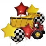Construction Themed Birthday Party Balloons | Perfect Addition to Construction Party Supplies | Dump Truck + Round Square Cheques Balloon & Stars Balloon Bouquet Set for Kids