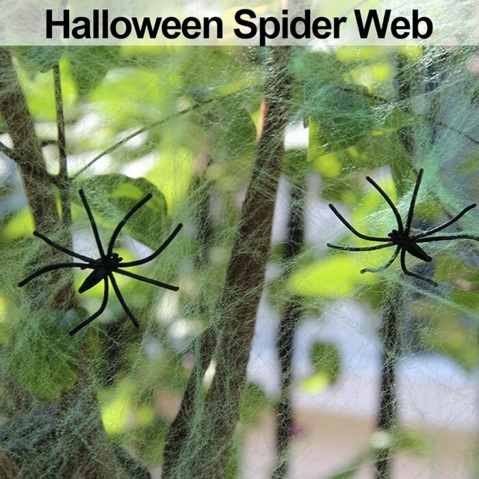 MY PARTY SUPPLIERS Green Spider Webs Halloween Decorations with 2 Fake Spiders, Super Stretchy Spider Web for Halloween Decor, Cobwebs Halloween Decorations - Image 2