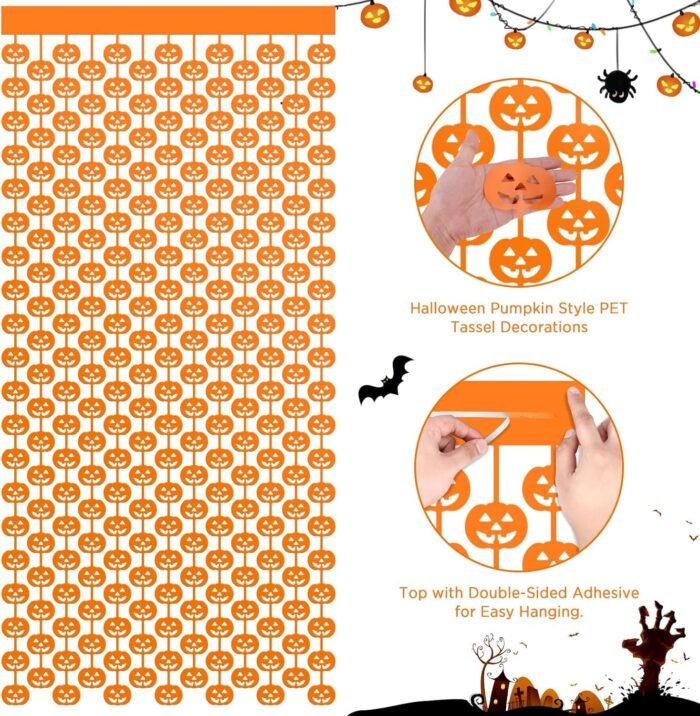 Halloween Party Decorations 3.3 x 6.6 FT Tinsel Foil Fringe Curtains,Orange Pumpkin Backdrop Decoration,Orange Party Streamers for Halloween Party Photo Booth Props Door Decorations - Image 5