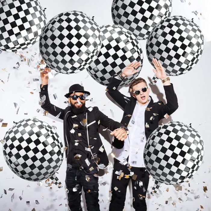 Black and White Checkered Balloons, Checkered Race Car Balloons | 360 Degree 4D Round Sphere Foil Checkered Flag Balloons | Race Car Balloons for Racing Theme Birthday Party - Image 2