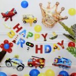 Transport Theme Birthday Decoration Kit – Happy Birthday Banner , school bus balloon, Air plane balloon, Police car balloon , fire truck balloon, train engine balloon , Golden crown Balloon