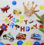 Transport Theme Birthday Decoration Kit – Happy Birthday Banner , school bus balloon, Air plane balloon, Police car balloon , fire truck balloon, train engine balloon , Golden crown Balloon