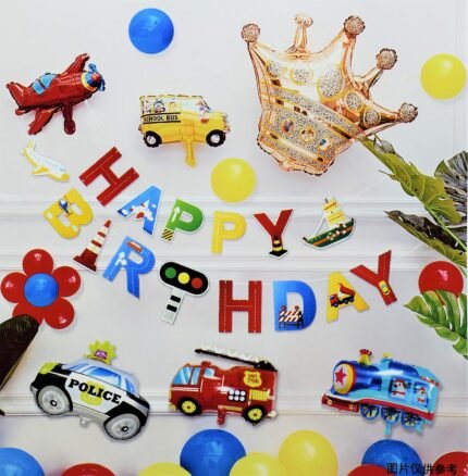 Transport Theme Birthday Decoration Kit – Happy Birthday Banner , school bus balloon, Air plane balloon, Police car balloon , fire truck balloon, train engine balloon , Golden crown Balloon