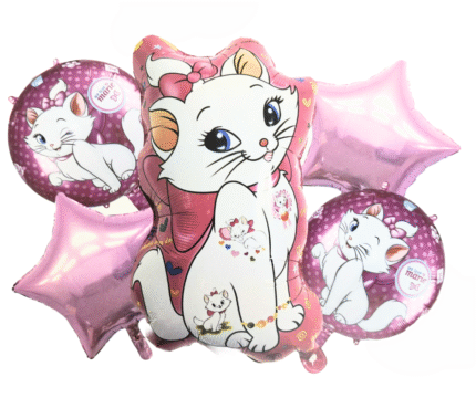 MPS My Party Suppliers Set of 5 cat marie foil balloon, white cat Balloons, cute animal foil balloons, jungle theme, pink star balloon, cat balloons, cat theme balloon, balloon kitten, round balloon