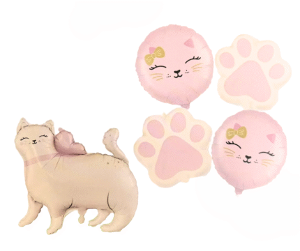 MPS My Party Suppliers Set of 5 Cat foil balloon, cat Balloons, cute animal paw balloons, jungle theme, pink foil balloons, round balloons, animal theme